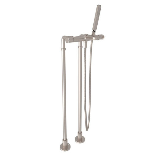 Exposed Thermostatic Tub Filler with Metal Levers Handshower and Floor Pillar Legs or Supply Unions in Satin Nickel