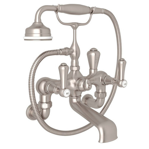 Exposed Deck Mount Tub Filler Metal Lever with Porcelain Cap Handshower in Satin Nickel
