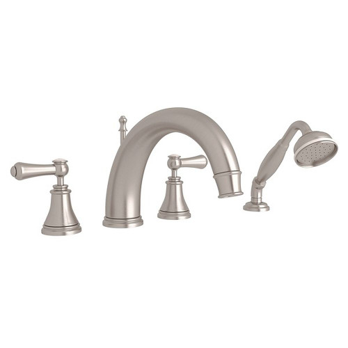 4-Hole Deck Mount C-Spout Tub Filler with Metal Lever Porcelain Cap Handshower in Satin Nickel