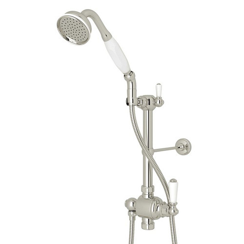 Riser Diverter, Handshower, Hose, Parking Bracket and 8" Thermostatic Outlet with White Porcelain Lever in Polished Nickel