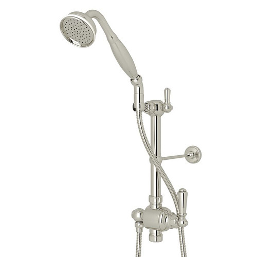 Riser Diverter, Handshower, Hose, Parking Bracket and 8" Thermostatic Outlet with Metal Lever in Polished Nickel