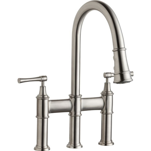 Pull-Down Bridge Kitchen 3-Hole Faucet in Lustrous Steel