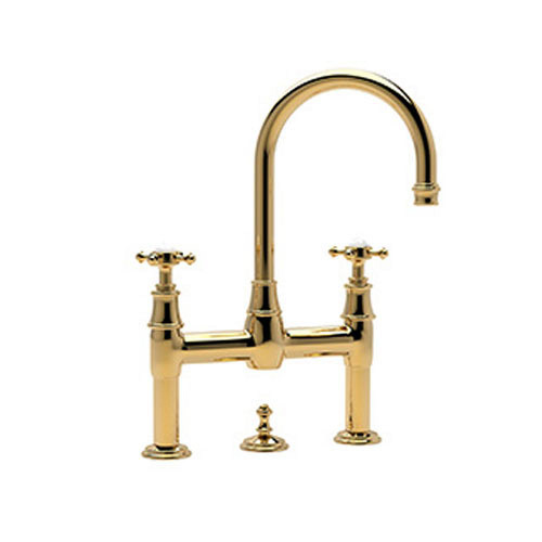 Bridge Bathroom Faucet and Remote Pop-Up Drain in English Gold
