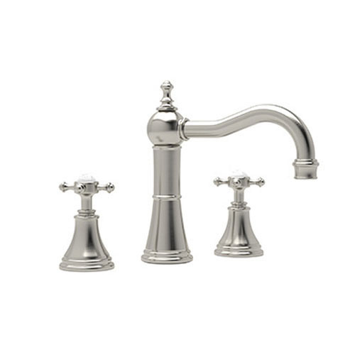 Widespread Bathroom Faucet and Metal Cross Handles in Satin Nickel