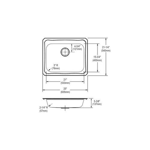 25" x 21-1/4" x 5-3/8" 20 Gauge Stainless Steel Single Bowl Drop-in Sink with 1 Faucet Hole in Brushed Satin