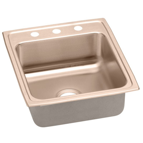 19-1/2" x 22" x 7-5/8" 18 Gauge CuVerro Antimicrobial Copper Single Bowl Drop-in Sink with 3 Faucet Holes in Lustrous Satin