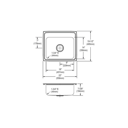 22" x 19-1/2" x 7-5/8" 18 Gauge Stainless Steel Single Bowl Drop-in Kitchen Sink with 3 Faucet Holes in Lustrous Satin