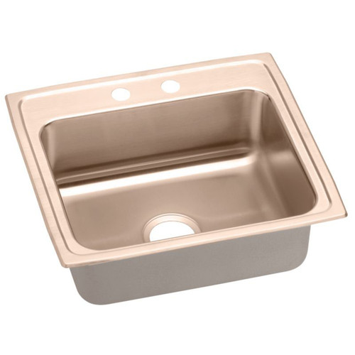 22" x 19-1/2" x 6" 18 Gauge CuVerro Antimicrobial Copper Single Bowl Drop-in ADA Sink with 2 Faucet Holes in Lustrous Satin