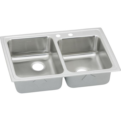 33" x 22" x 6-1/2" 18 Gauge Stainless Steel Offset Double Bowl Top Mount Kitchen Sink with 2 Faucet Holes in Lustertone