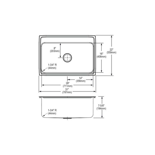 31" x 22" x 11-5/8" 18 Gauge Stainless Steel Single Bowl Drop-in Kitchen Sink with 1 Faucet Hole in Lustrous Satin