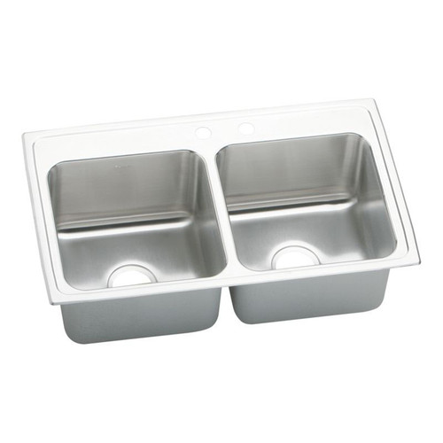 33" x 22" x 10-1/8" 18 Gauge Stainless Steel Equal Double Bowl Drop-in Kitchen Sink with Middle Right 2 Faucet Holes in Lustrous Satin