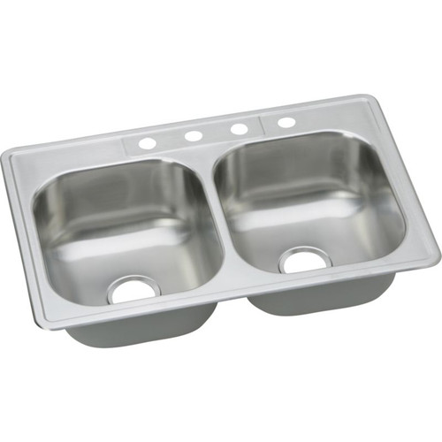 Dayton DSE233214 Stainless Steel Double Bowl Top Mount Sink with 4 Faucet Holes in Elite Satin