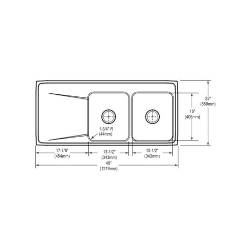 48" x 22" x 7-5/8" 18 Gauge Stainless Steel Equal Double Bowl Drop-in Sink with Right Drainboard and 2 Faucet Holes in Lustrous Satin