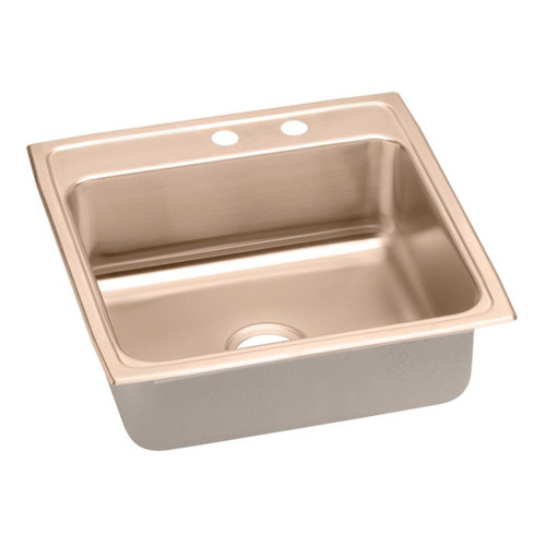 22" x 22" x 7-5/8" 18 Gauge CuVerro Antimicrobial Copper Single Bowl Drop-in Sink with Middle Right 2 Faucet Holes in Lustrous Satin