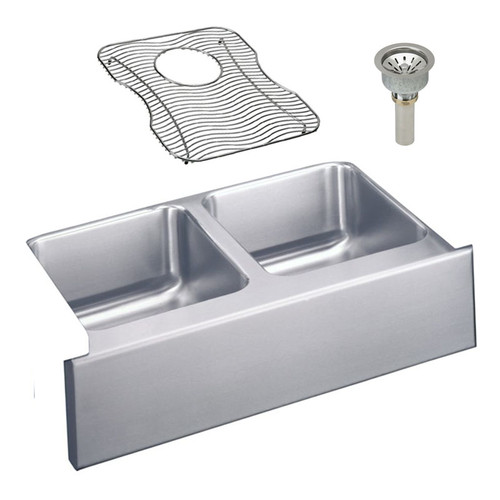 Elkay ELUHF332010DBG Stainless Steel Double Bowl Apron Front Undermount Sink Kit in Lustrous Highlighted Satin