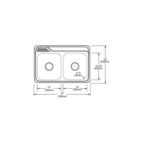 33" x 22" x 7-1/2" 20 Gauge Stainless Steel Equal Double Bowl Drop-in Kitchen Sink with 1 Faucet Hole in Brushed Satin