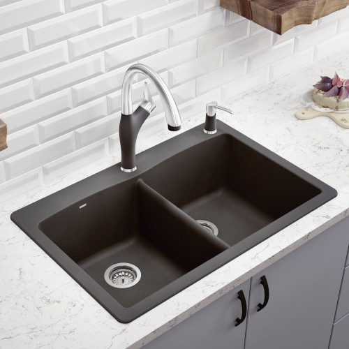 22-In X 33-In Double-Basin Granite Drop-In Or Undermount 1-Hole Residential Kitchen Sink in Cinder