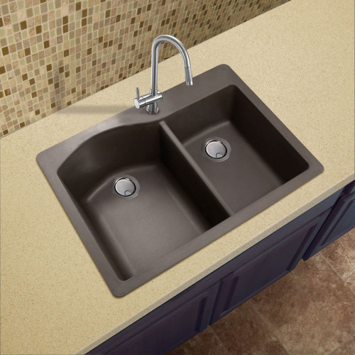 33-in X 22-in X 9.5-in silQ Granite Kitchen Sink with 1-3/4 D-Shaped Double Offset bowls, Drop-in Installation with 4 BADE Faucet Holes, In Espresso