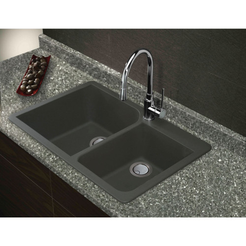 33-in X 22-in X 9.5-in silQ Granite Kitchen Sink with 1-3/4 Double Offset Bowls, Drop-in Installation, with 4 ABCD Faucet Holes, In Grey