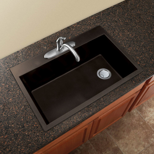 33-in X 22-in X 9.5-insilQ  Granite Kitchen Sink with Super Single Offset Bowl, Drop-in Installation, with 5 CABDE Faucet Holes, In Espresso
