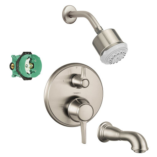 Hansgrohe KST15753-28496-88BN Clubmaster Showerhead Kit with Tub Spout Thermostatic Trim with Diverter and Rough-in in Brushed Nickel