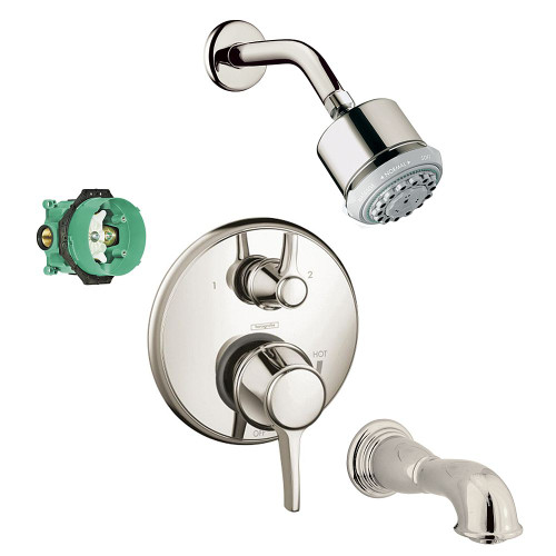 Hansgrohe KST15753-28496-88PN Clubmaster Showerhead Kit with Tub Spout Thermostatic Trim with Diverter and Rough-in in Polished Nickel