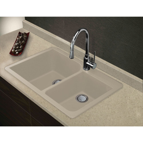 33-in X 22-in X 9.5-in silQ Granite Kitchen Sink with 1-3/4 Double Offset Bowls, Drop-in Installation, with 2 AC Faucet Holes, In Café Latte