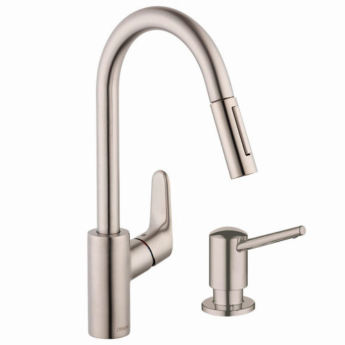 Hansgrohe KK04505-04539SO Focus HighArc Pull-Down 1.75gpm Kitchen Faucet with Soap Dispenser in Steel Optic