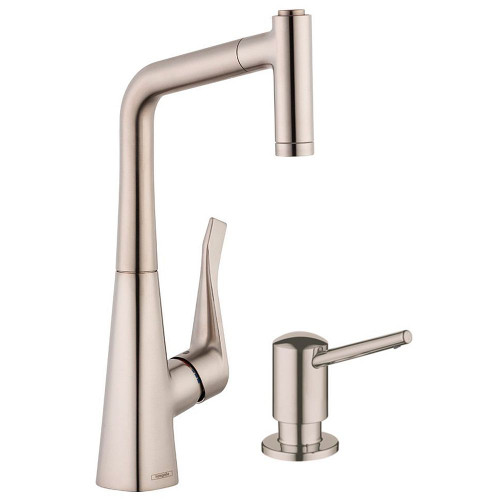 Hansgrohe KK04508-04539SO Metris HighArc Prep Kitchen Faucet with Soap Dispenser in Steel Optic