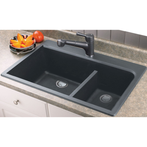 33-in X 22-in X 9.5-in silQ Granite Kitchen Sink with 1-3/4 J-Shaped Double Offset Bowls, Drop-in Installation, with 4 CDEF Faucet Holes, In Grey