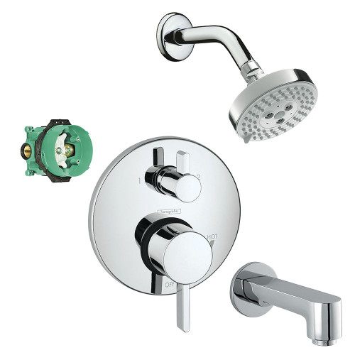 Hansgrohe KST04231-04340-13PC Raindance S 100 3-Jet Showerhead 2.0GPM Kit with Tub Spout Thermostatic Trim with Diverter and Rough-in in Chrome