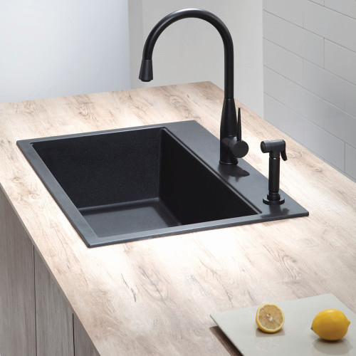 22-1/2in x 20in  x 8-1/2in silQ Granite Kitchen Sink with Single Bowl, Drop-in Installation, with 1 Pre-Drilled Faucet Hole, in Black