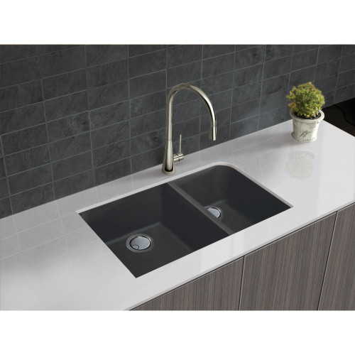 31.75-in x 19.25-in x 9.5-in Granite 1-3/4 J-Shaped Double Undermount Kitchen Sink in Grey with Grids, Strainer, Disposer Strainer, Installation Kit