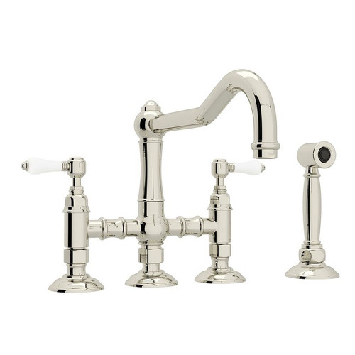 Deck Mount Column Spout 3 Leg Bridge Kitchen Faucet With Sidespray And Porcelain Lever Handle In Polished Nickel