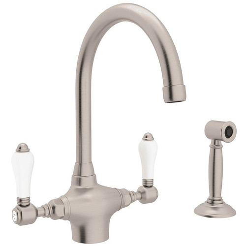Single Hole C-Spout Kitchen Faucet With Porcelain Lever Sidespray In Satin Nickel