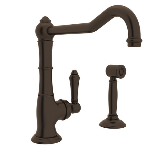 Single Hole Column Spout Kitchen Faucet With Sidespray And Extended Spout With Metal Lever Handle In Tuscan Brass