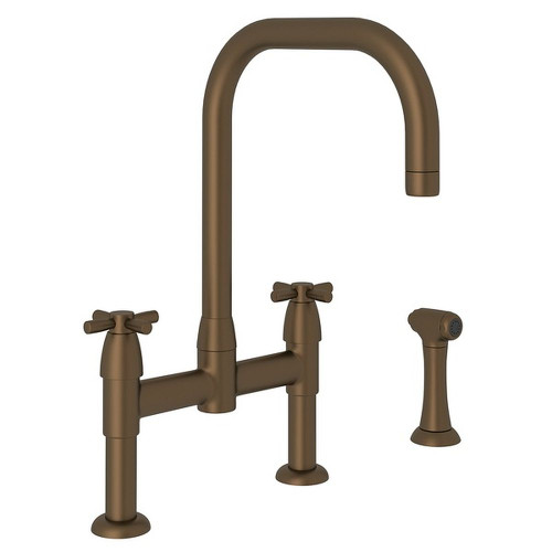Rowe Holborn U-Spout Bridge Kitchen Faucet With Sidespray And U Spout Cross Handle In English Bronze