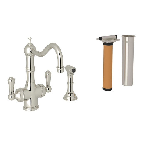 Edwardian Filtering 2-Lever Kitchen Faucet With Triflow Filter, Sidespray And Metal Lever Handles In Polished Nickel