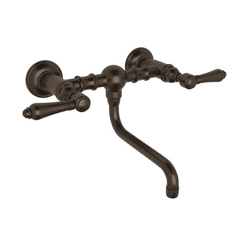 Wall Mount Bridge Lavatory Faucet with Metal Levers and Low Swinging Spout in Tuscan Brass