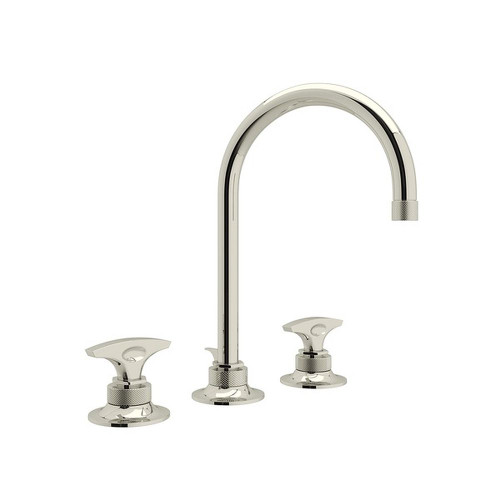 C-Spout Widespread Lavatory Faucet with Metal Dial Handle and 6-1/2" Reach Pop-Up Waste in Polished Nickel