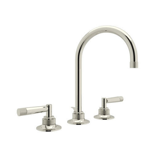 C-Spout Widespread Lavatory Faucet with Metal Lever Handle and 6-1/2" Reach Pop-Up Waste in Polished Nickel