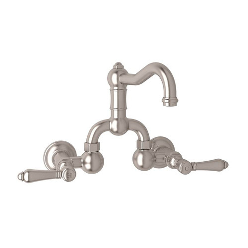 Wall Mount Bridge Lavatory Faucet with Metal Levers Pop-Up and Column Spout in Satin Nickel