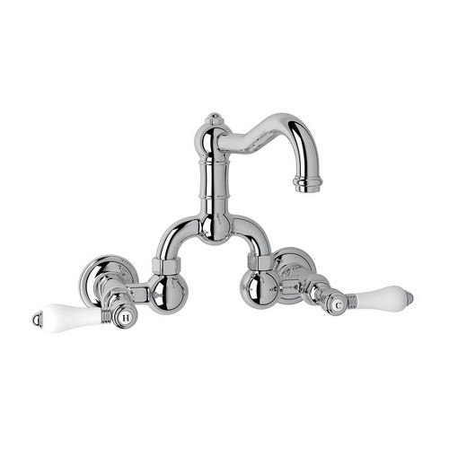 Wall Mount Bridge Lavatory Faucet with Porcelain Levers Pop-Up and Column Spout in Polished Chrome