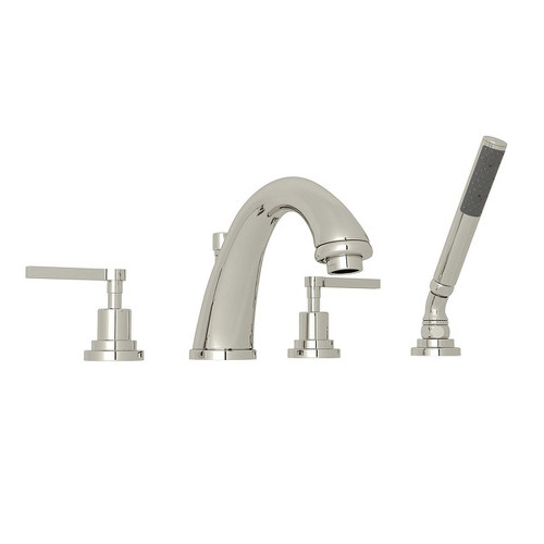 4-Hole Deck Mount C-Spout Tub Filler with Metal Lever Handshower in Polished Nickel