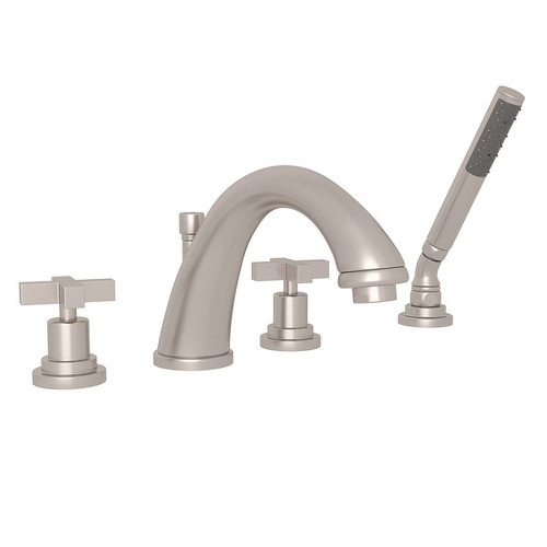 4-Hole Deck Mount C-Spout Tub Filler with Handshower in Satin Nickel