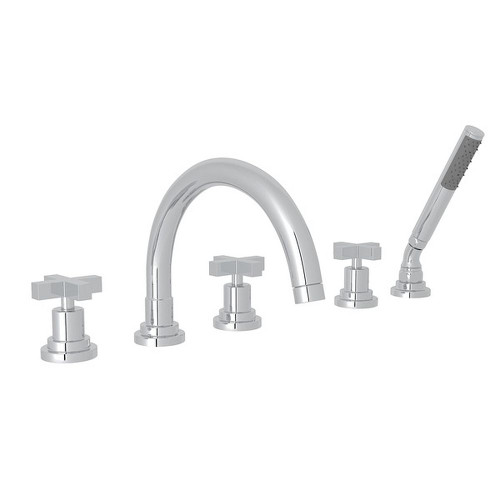 5-Hole Deck Mount Tub Filler with Cross Handle C-Spout in Polished Chrome