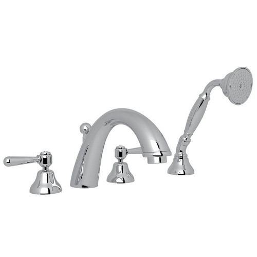 4-Hole Deck Mount C-Spout Tub Filler with Metal Levers and Handshower in Polished Chrome