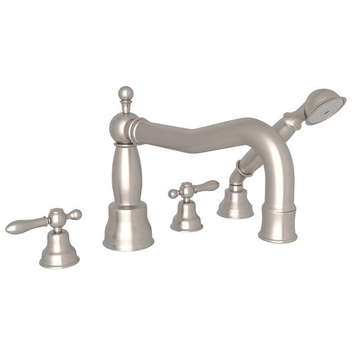 Column Spout 4-Hole Deck Mount Tub Filler with Classic Metal Lever and Handshower in Satin Nickel