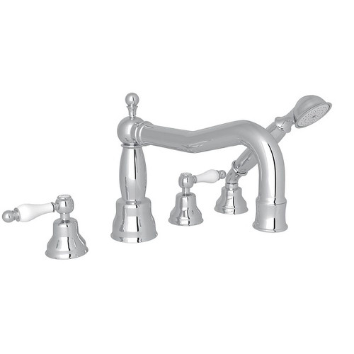Column Spout 4-Hole Deck Mount Tub Filler with Ornate White Porcelain Lever and Handshower in Polished Chrome