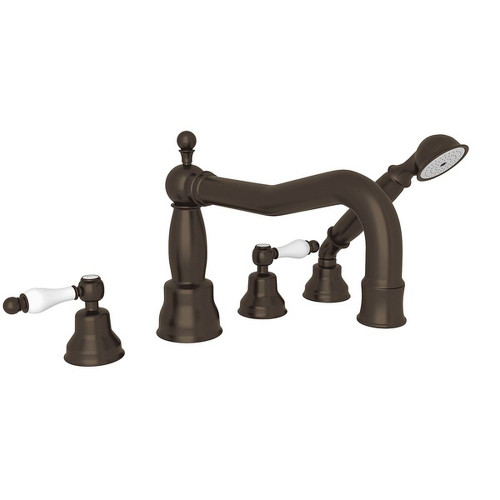 Column Spout 4-Hole Deck Mount Tub Filler with Ornate White Porcelain Lever and Handshower in Tuscan Brass